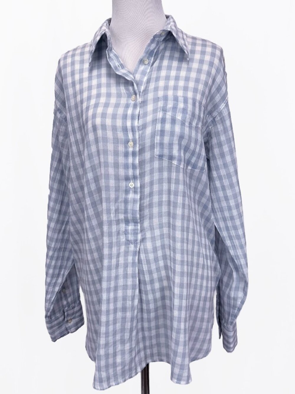 Ralph Lauren Women's Blue White Gingham Checked Popover Blouse Tunic M